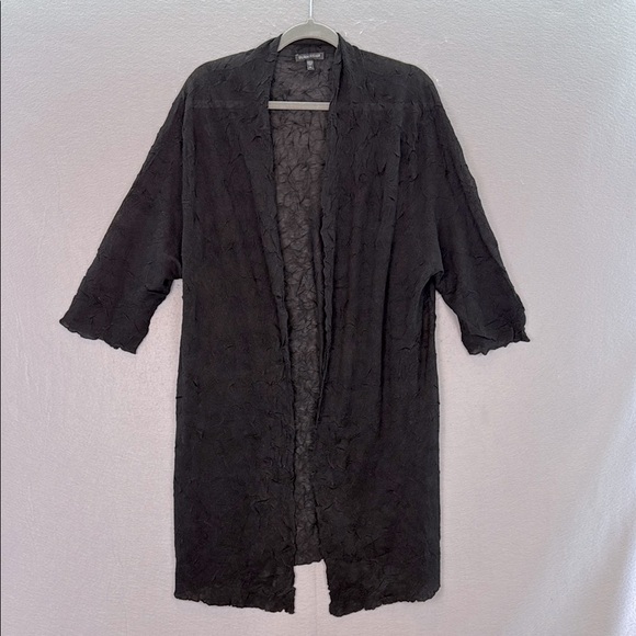 Eileen Fisher Sweaters - Eileen Fisher women’s Black crinkle Open Front Cardigan semi sheer 3/4 sleeve XL